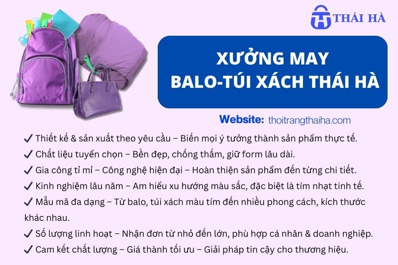 May balo, túi xách màu tím nhạt tại xưởng may Thái Hà