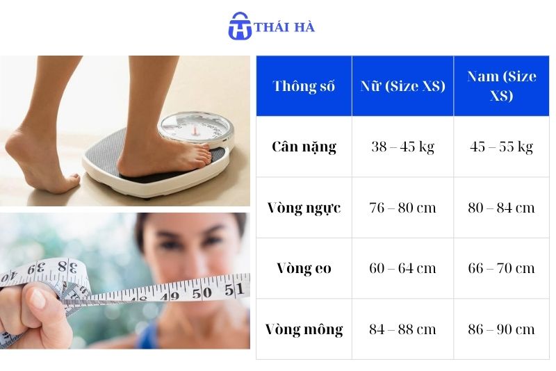 Chi tiết bảng Size XS cho nam và nữ