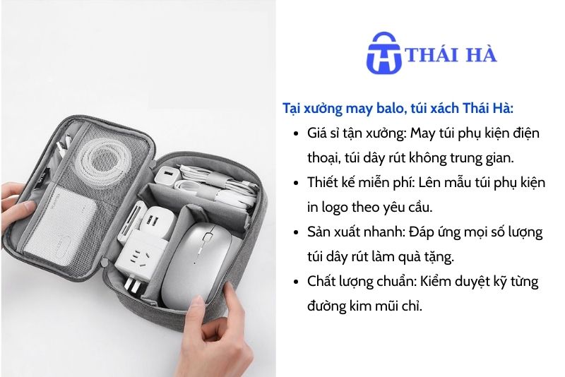 May túi may phụ kiện điện thoại tại Xưởng may Thái Hà