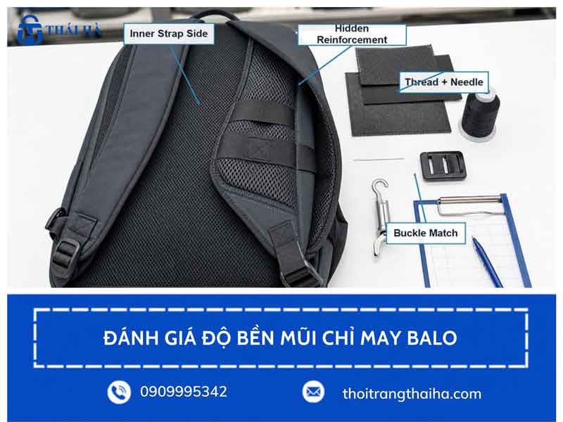 Chuyên viên QA/QC kiểm tra độ bền lực kéo đứt đường may balo theo tiêu chuẩn ASTM D1683