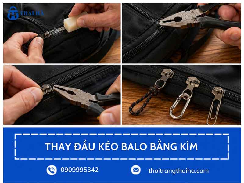 Thao tác thay đầu kéo balo bằng kìm
